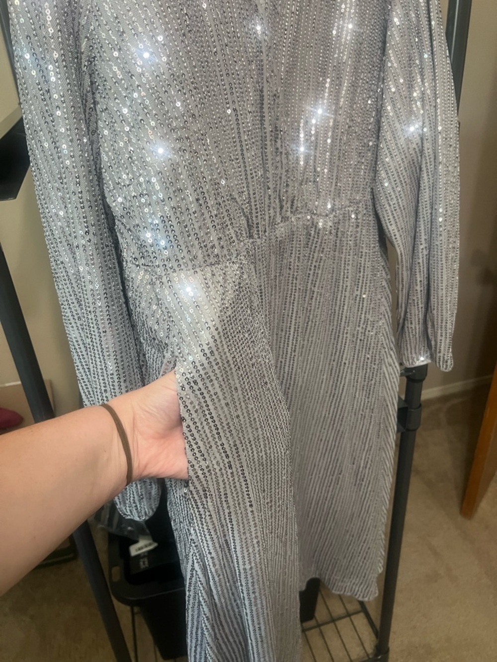 BloomChic Silver Sequin V-Neck Midi Dress with Long Sleeves - Picture 5 of 8